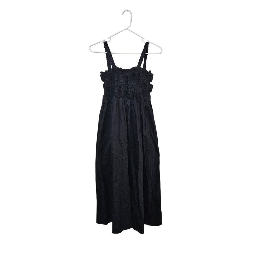 Topshop Smocked Cotton Poplin Midi Black Dress Sleeveless Open Back Sz Small